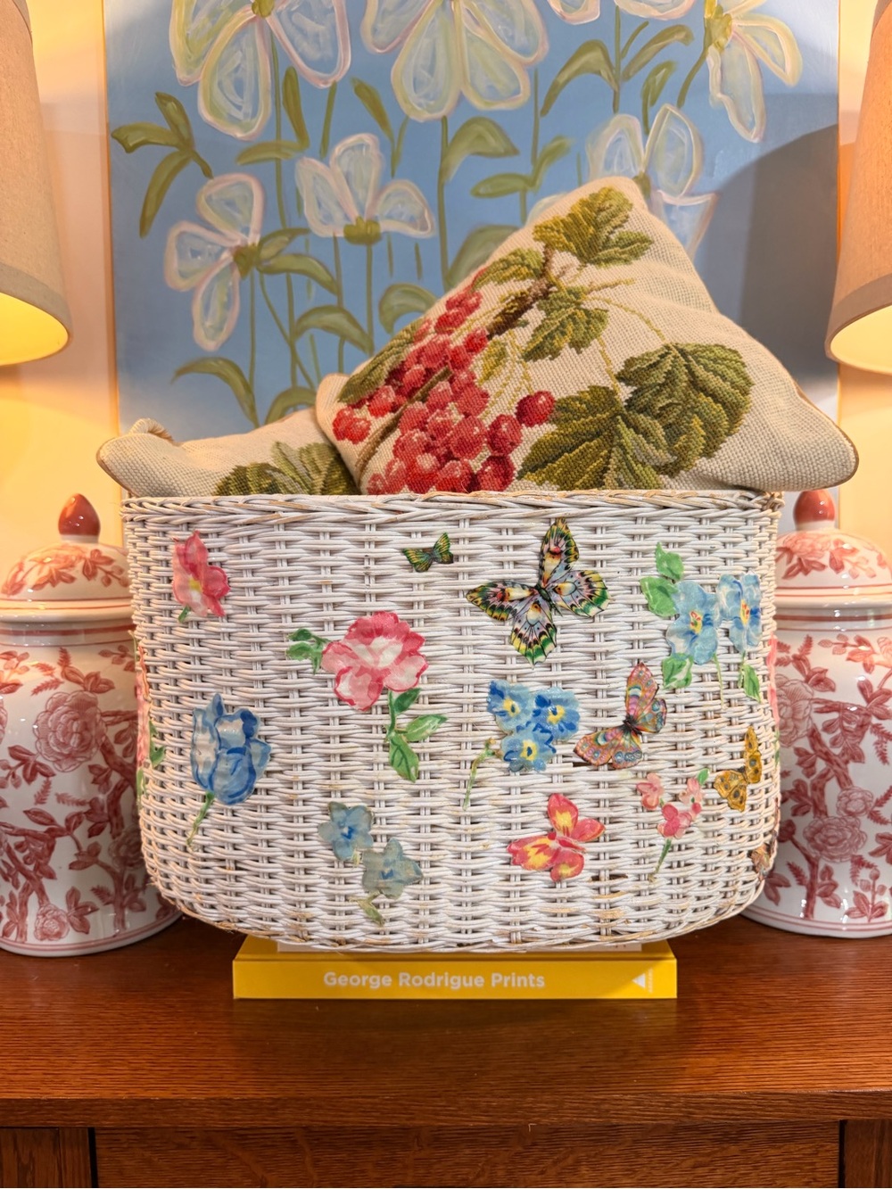 White Wicker Storage Basket with Floral and Butterfly Decals